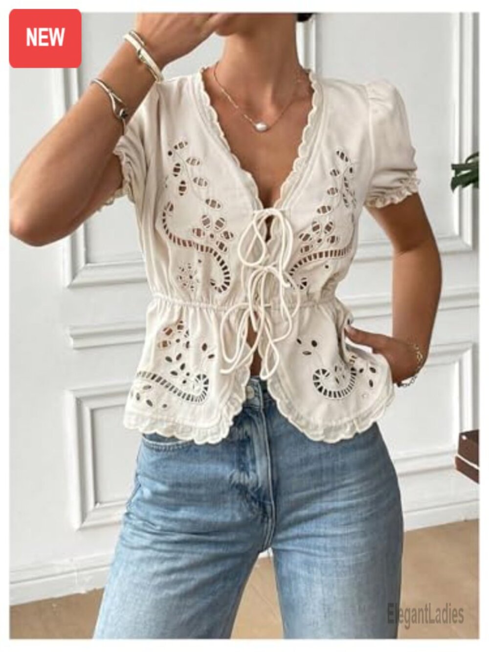 Boho Eyelet Embroidery Blouse Puff Sleeve V Neck - Picture 4 of 5